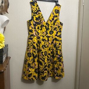 J. Crew Yellow and  navy blue Floral  pique fit. and flare V neck